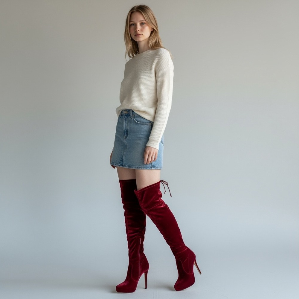 Bebe Giaa Velvet Burgundy Over The Knee Stiletto Heel Boots Size 8 Glam NWB